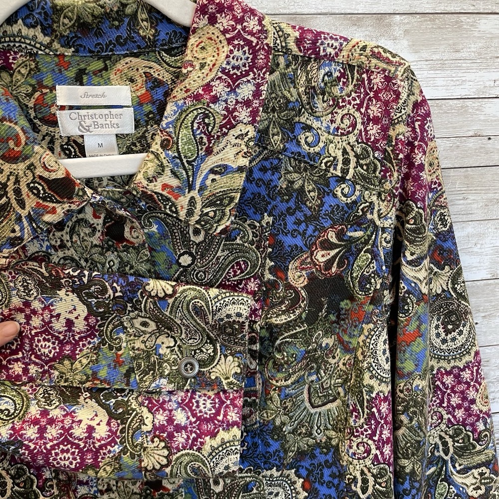 Christopher & Banks Womens M Shirt Jacket Green Paisley Tapestry Metal Button Up
